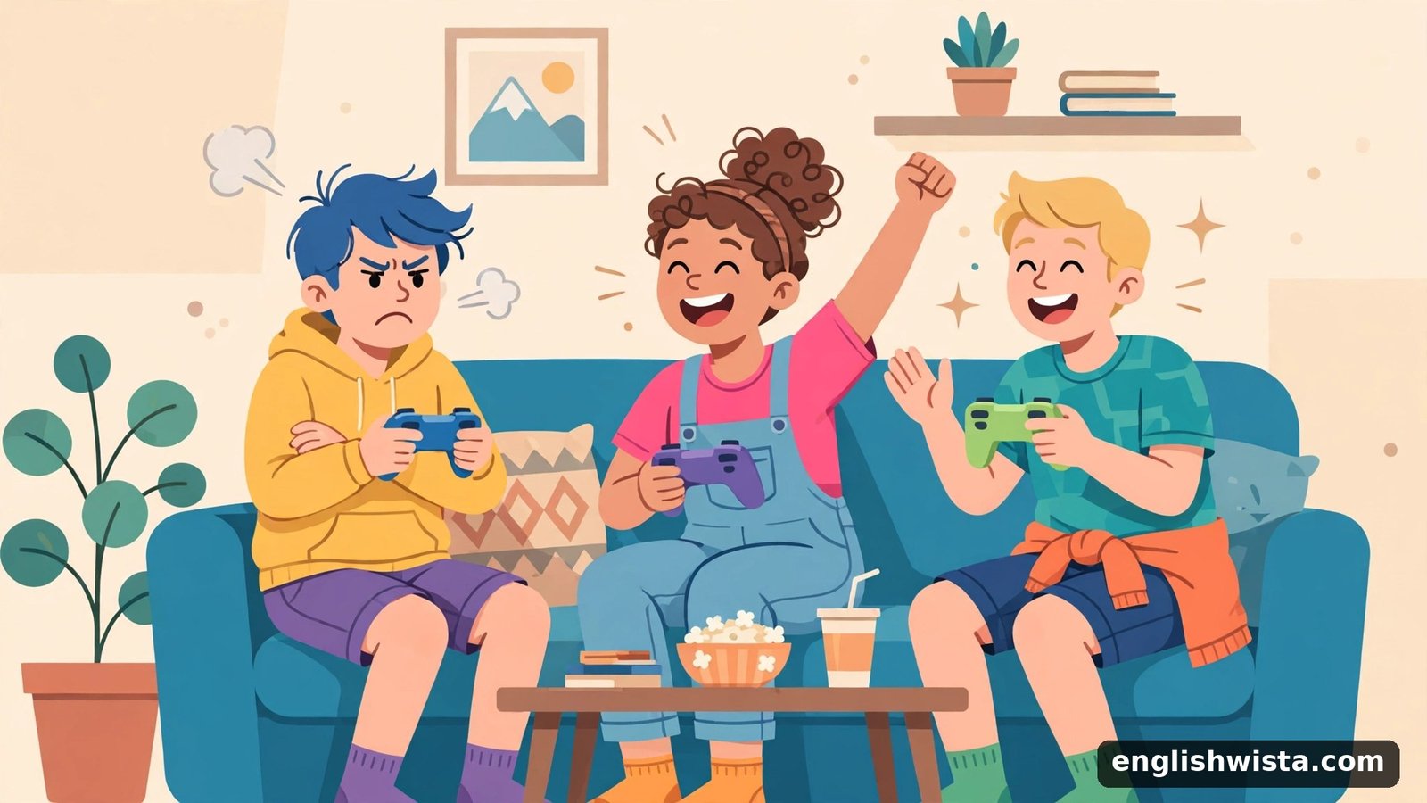 Friends playing video games, one annoyed