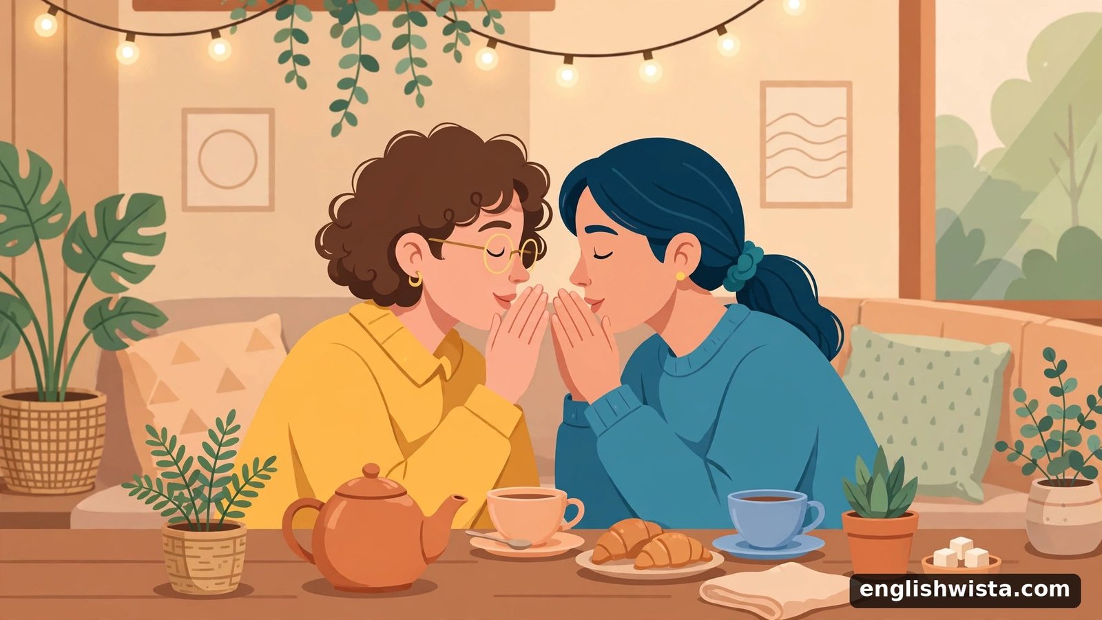 Friends whispering secrets at a cafe