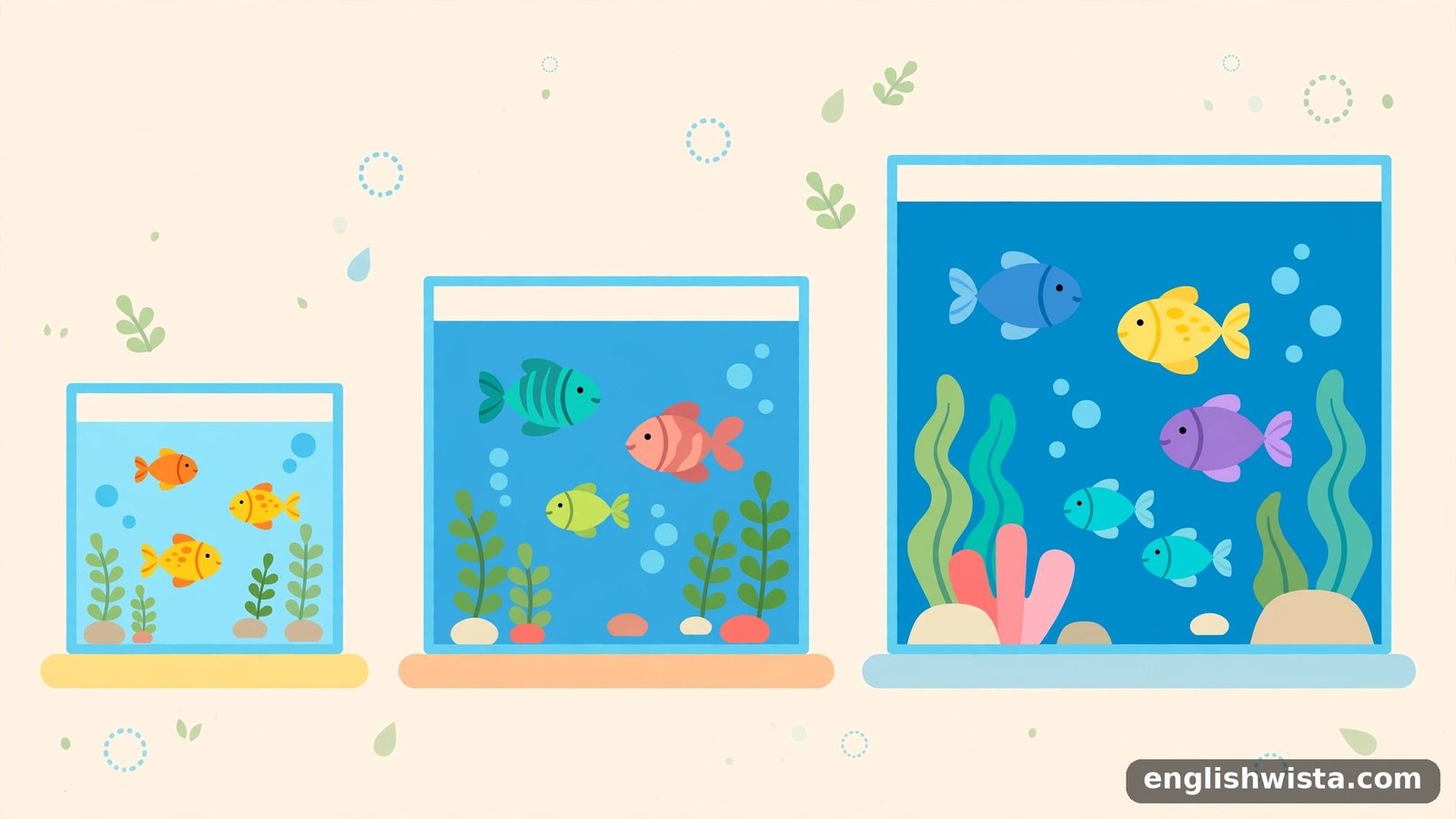 Three cartoon fish tanks in a row