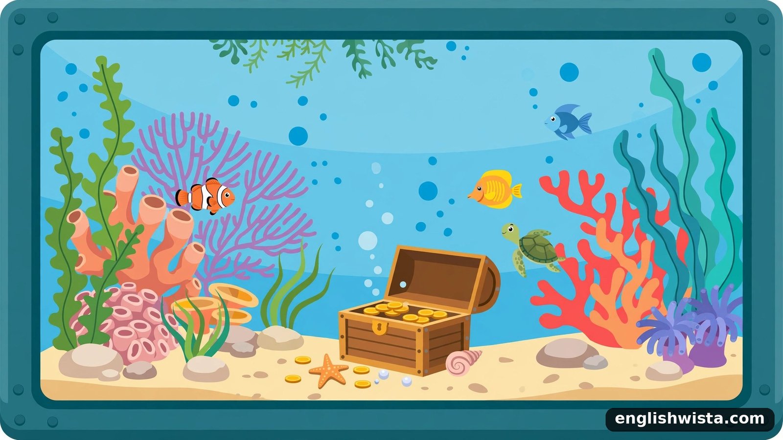 Big cartoon aquarium with coral and treasure chest