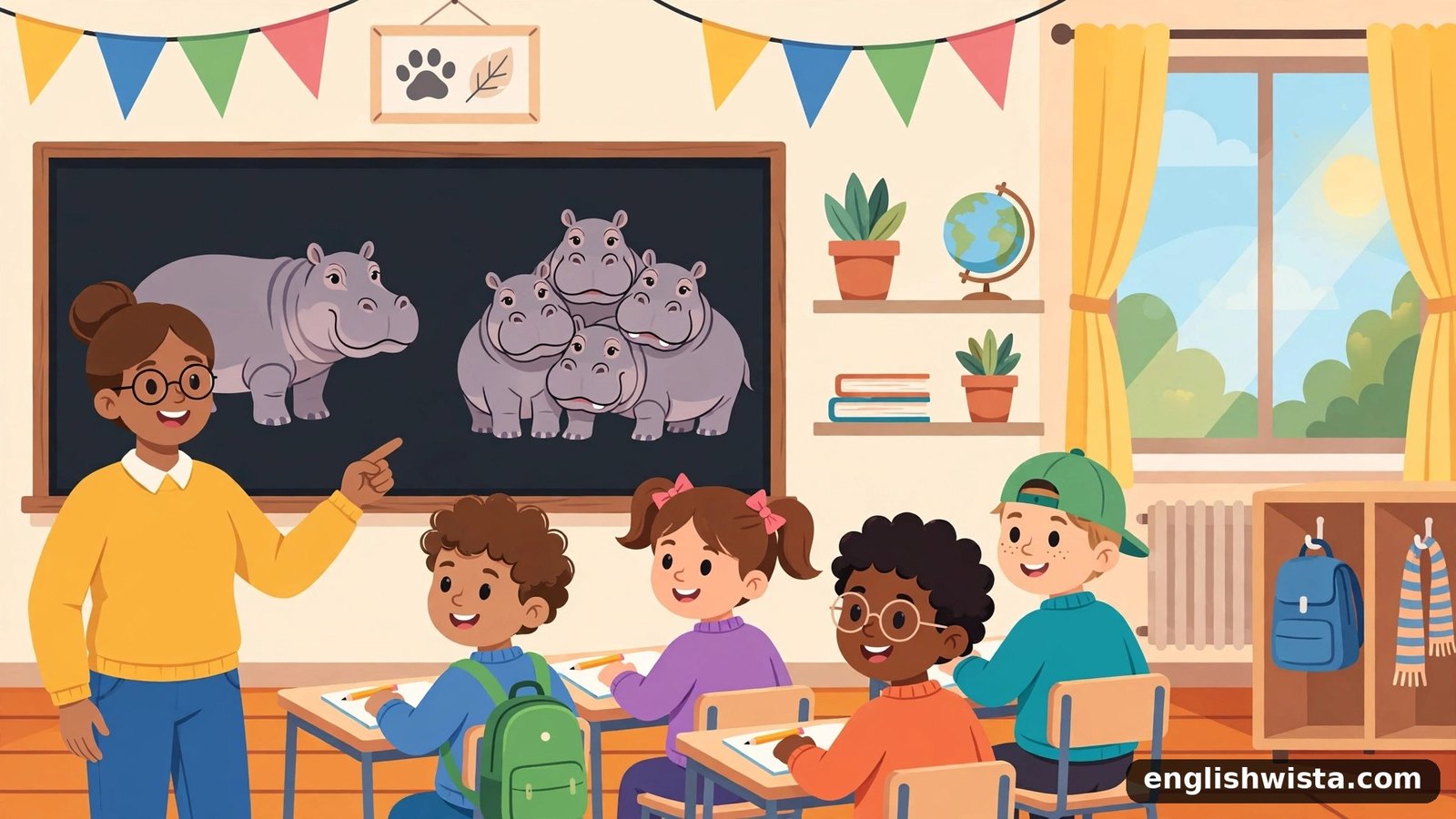 Classroom learning the plural of Hippopotamus