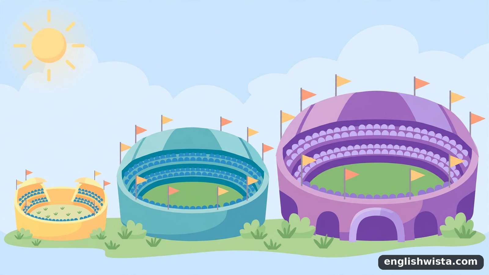 Three cartoon stadiums in a row