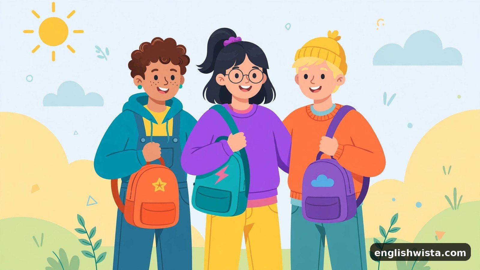 Three friends holding their backpacks for their