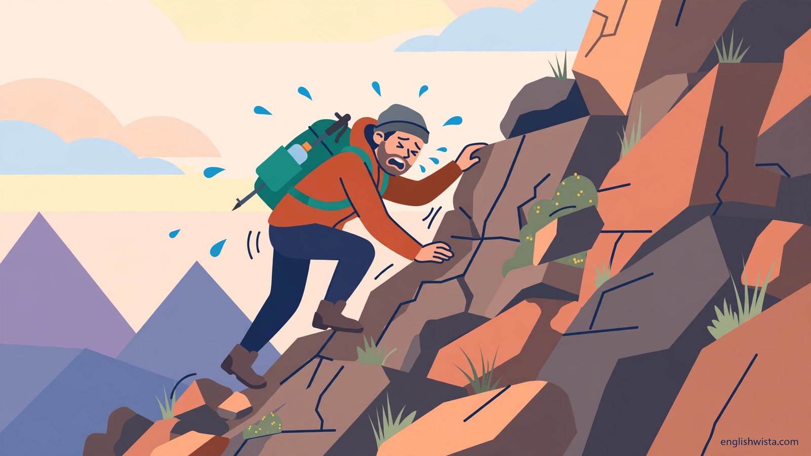 Exhausted hiker struggling up a steep painful climb