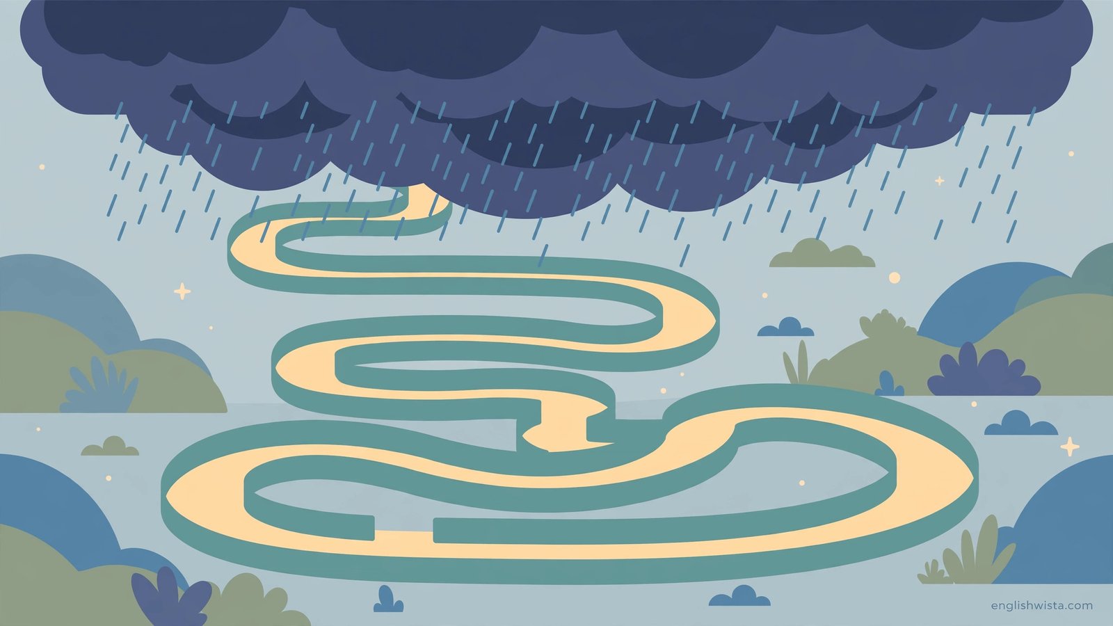 Twisty maze path beside a dark storm cloud