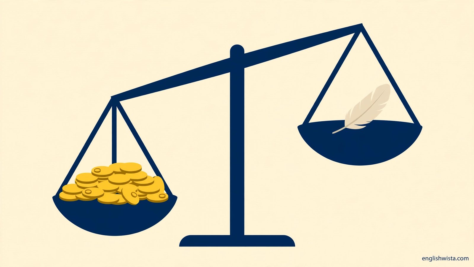 Scales of justice tipped by coins on one side and a feather on the other