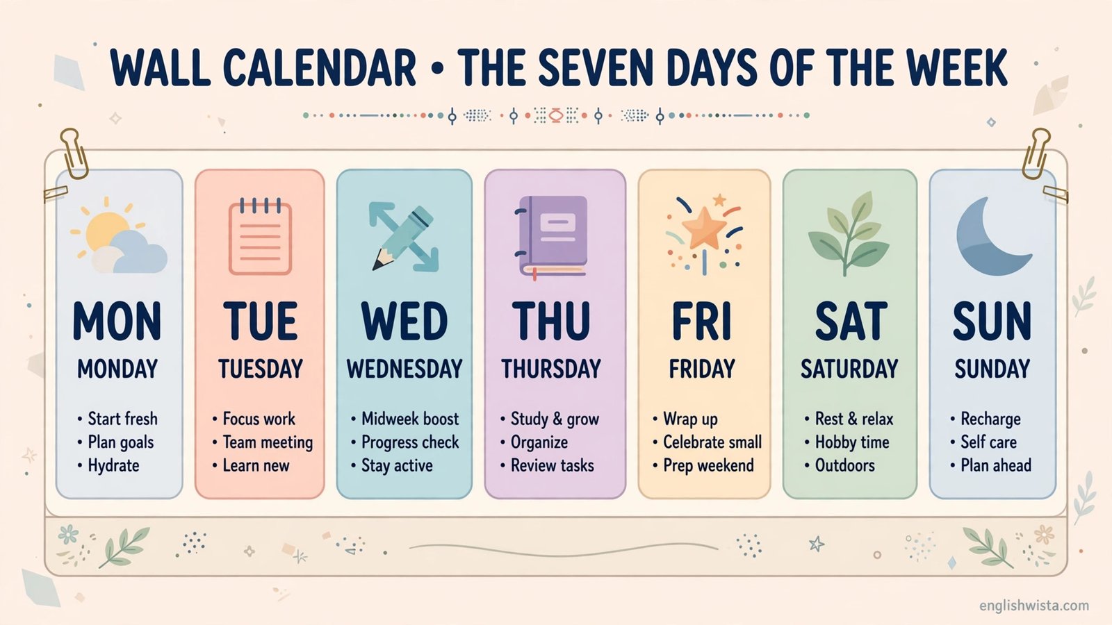 Wall calendar showing the seven days of the week