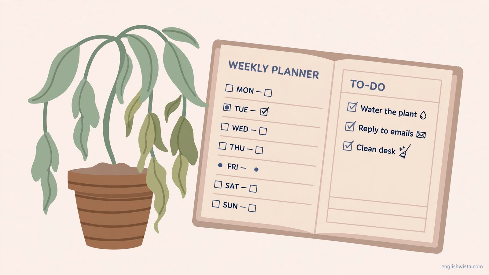 Drooping plant beside a weekly planner notebook