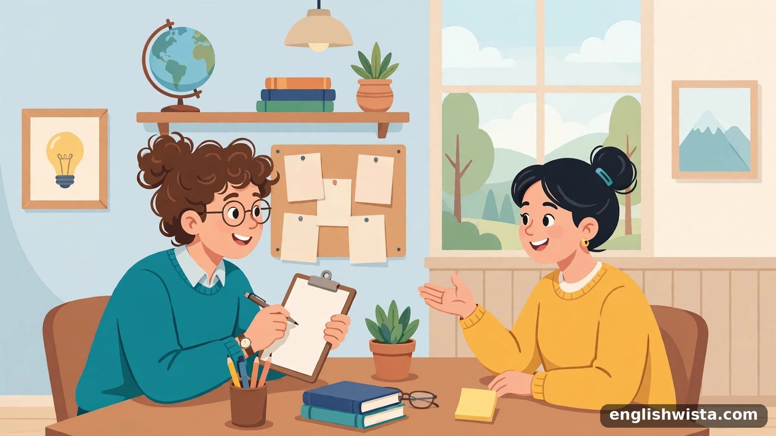 Friendly cartoon job interview scene