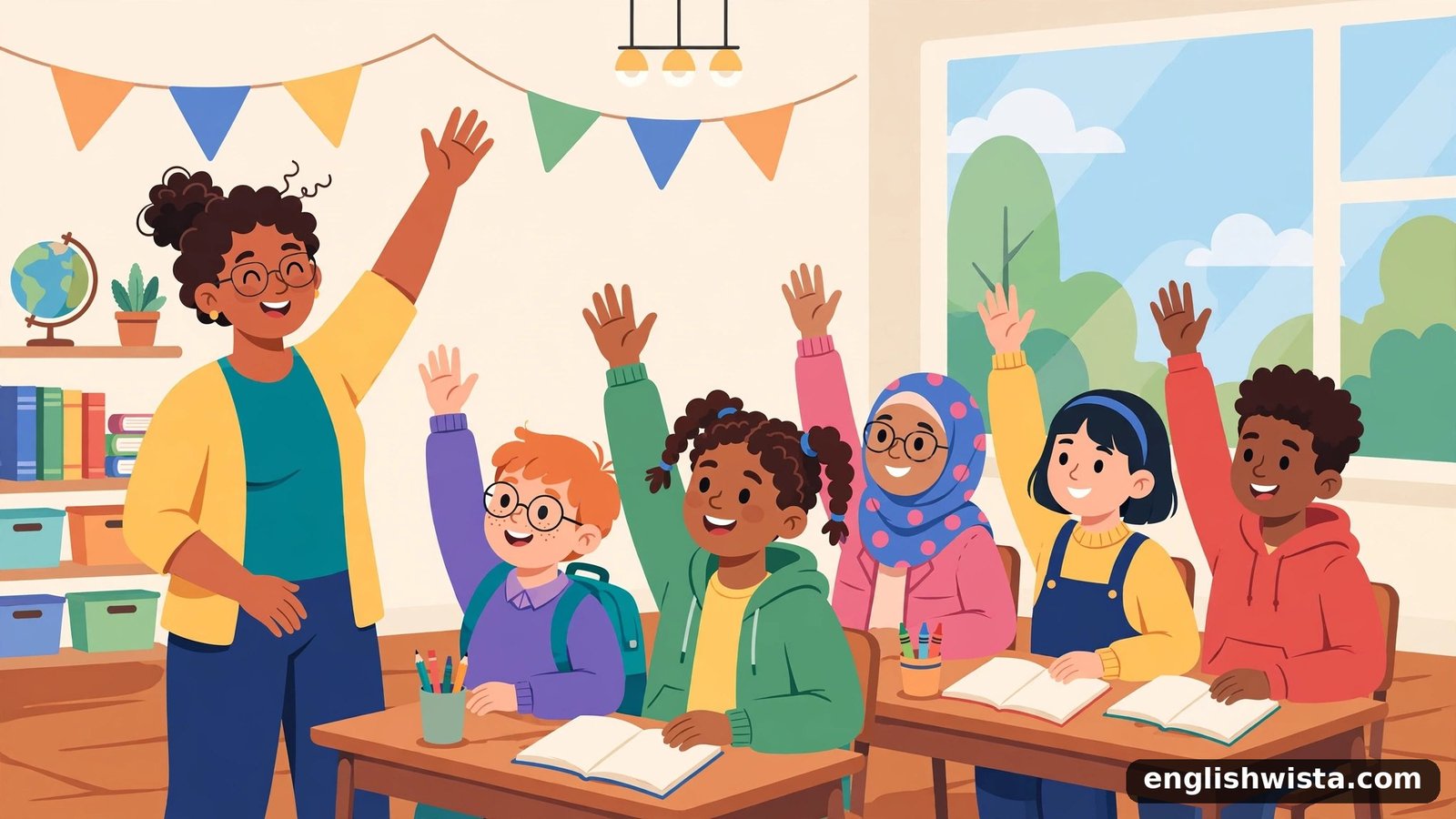 Classroom with students raising their hands
